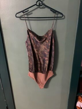 Cami NYC Camo Satin Cowl Neck Bodysuit in Brown and Pink